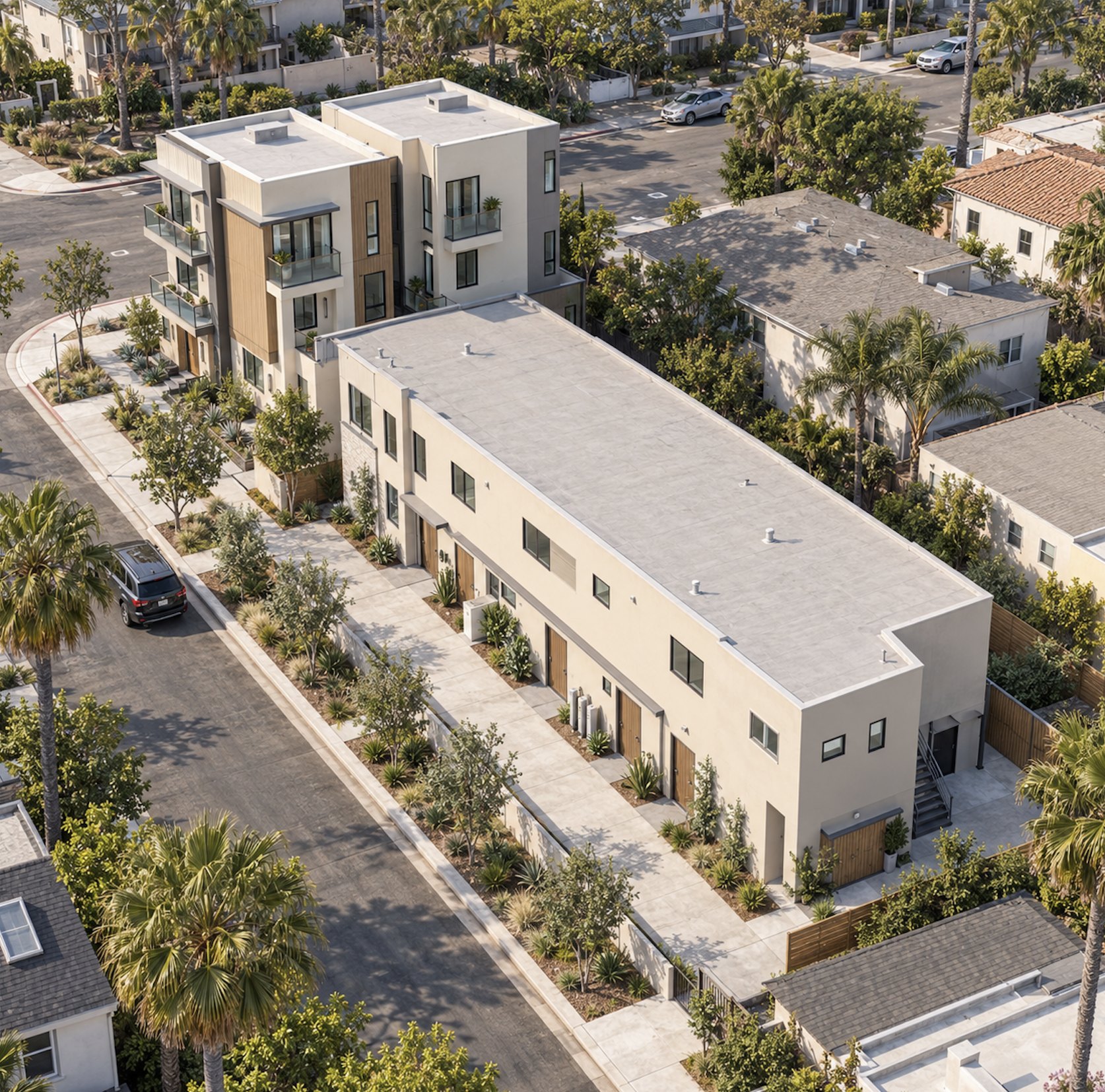 1505 Felspar Street aerial rendering Aerial rendering of the 1505 Felspar Street corner site showing new three-story townhomes beside the retained two-story building