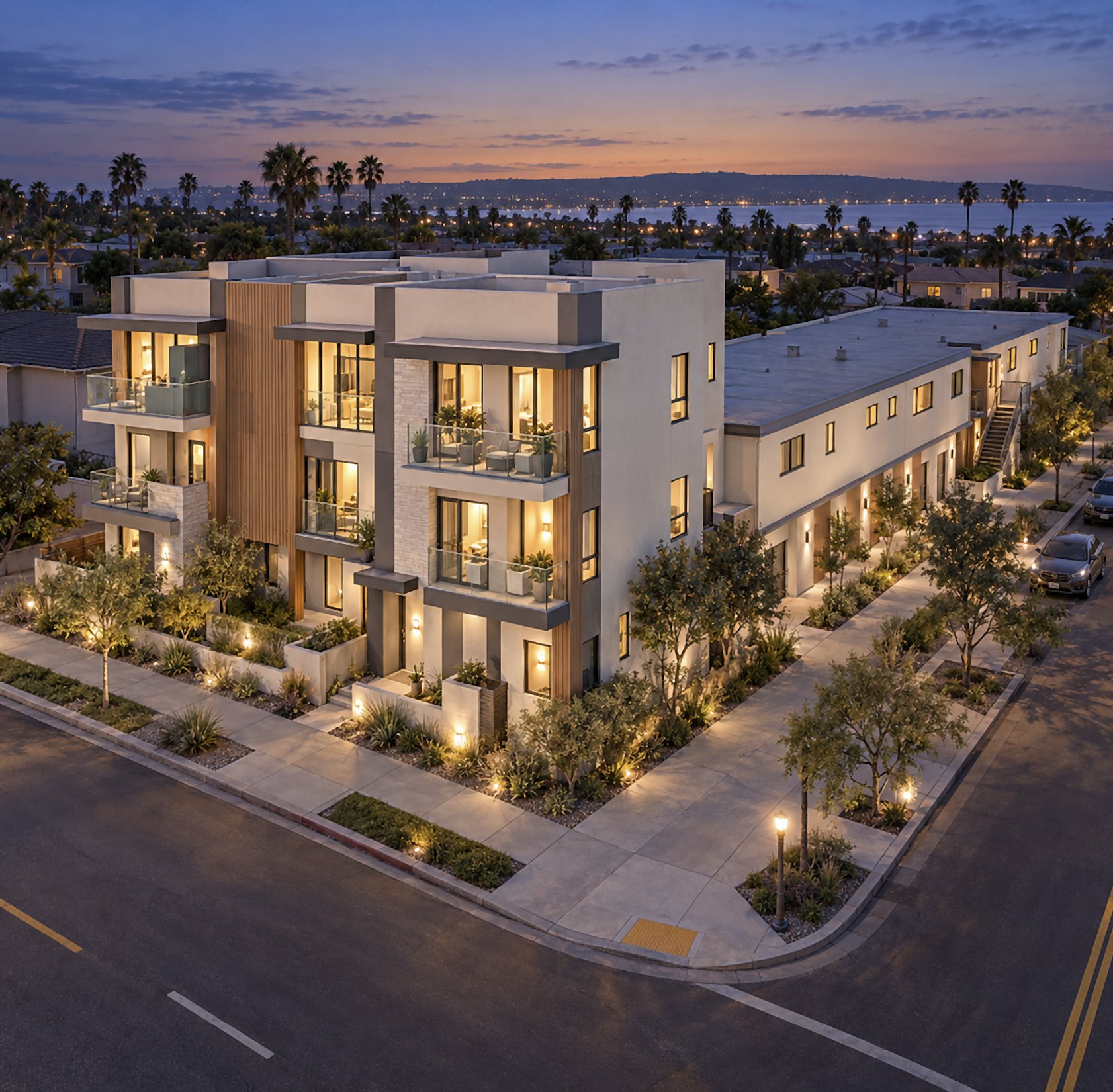 1505 Felspar Street townhomes dusk rendering Rendering of two attached three-story contemporary townhomes on a Pacific Beach corner lot at dusk, 1505 Felspar Street, San Diego
