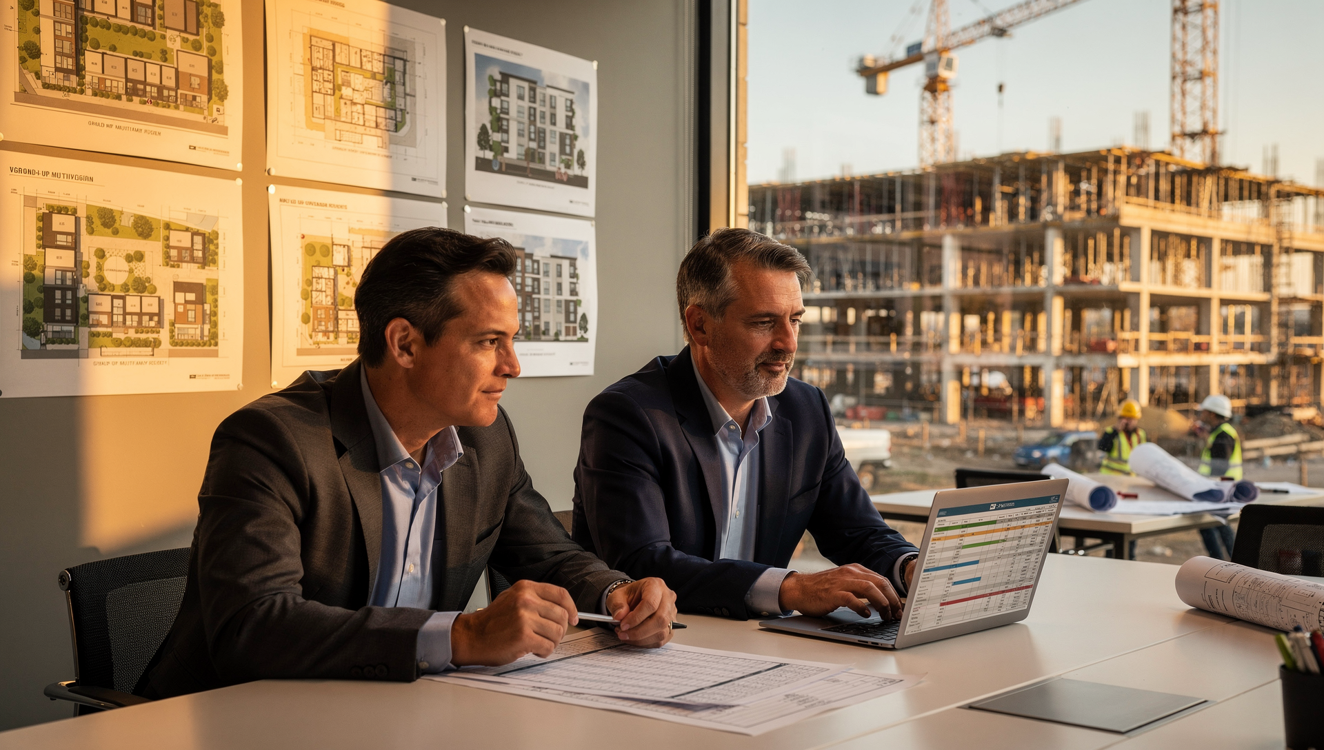 Developers reviewing 2027 multifamily budget proforma with construction schedule documents