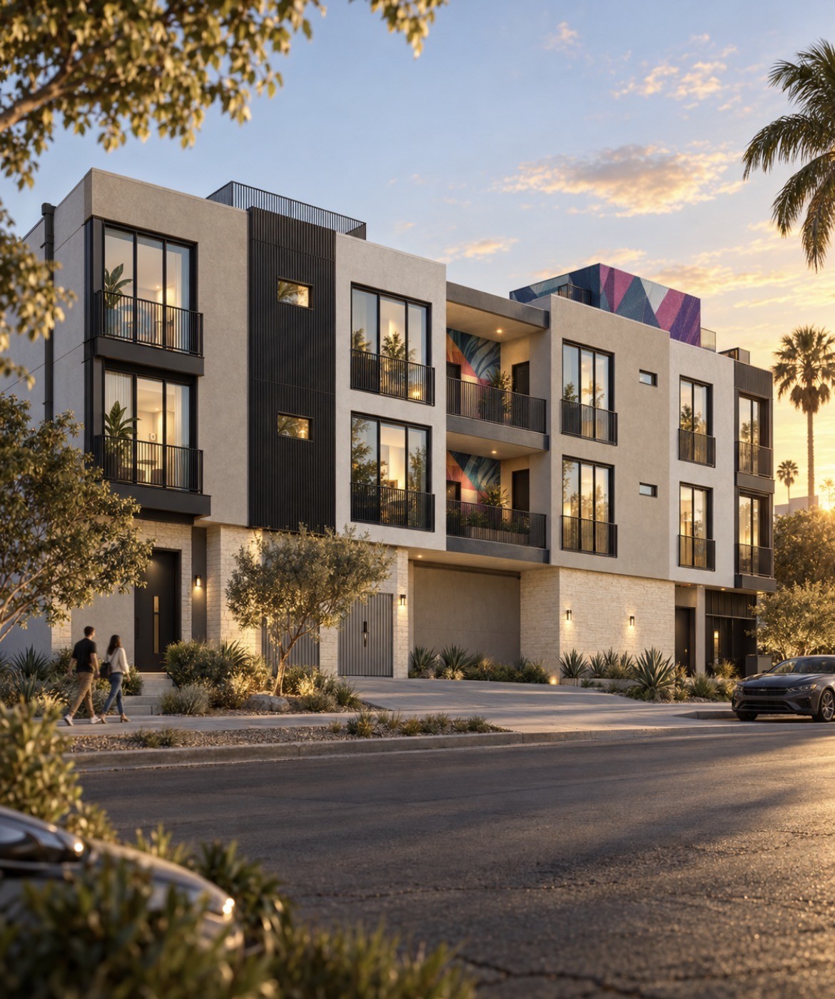 3418 Ray Street 19-unit multifamily rendering Rendering of a three-story, 19-unit multifamily building with stucco, dark metal siding and a stone base at 3418 Ray Street in North Park, San Diego