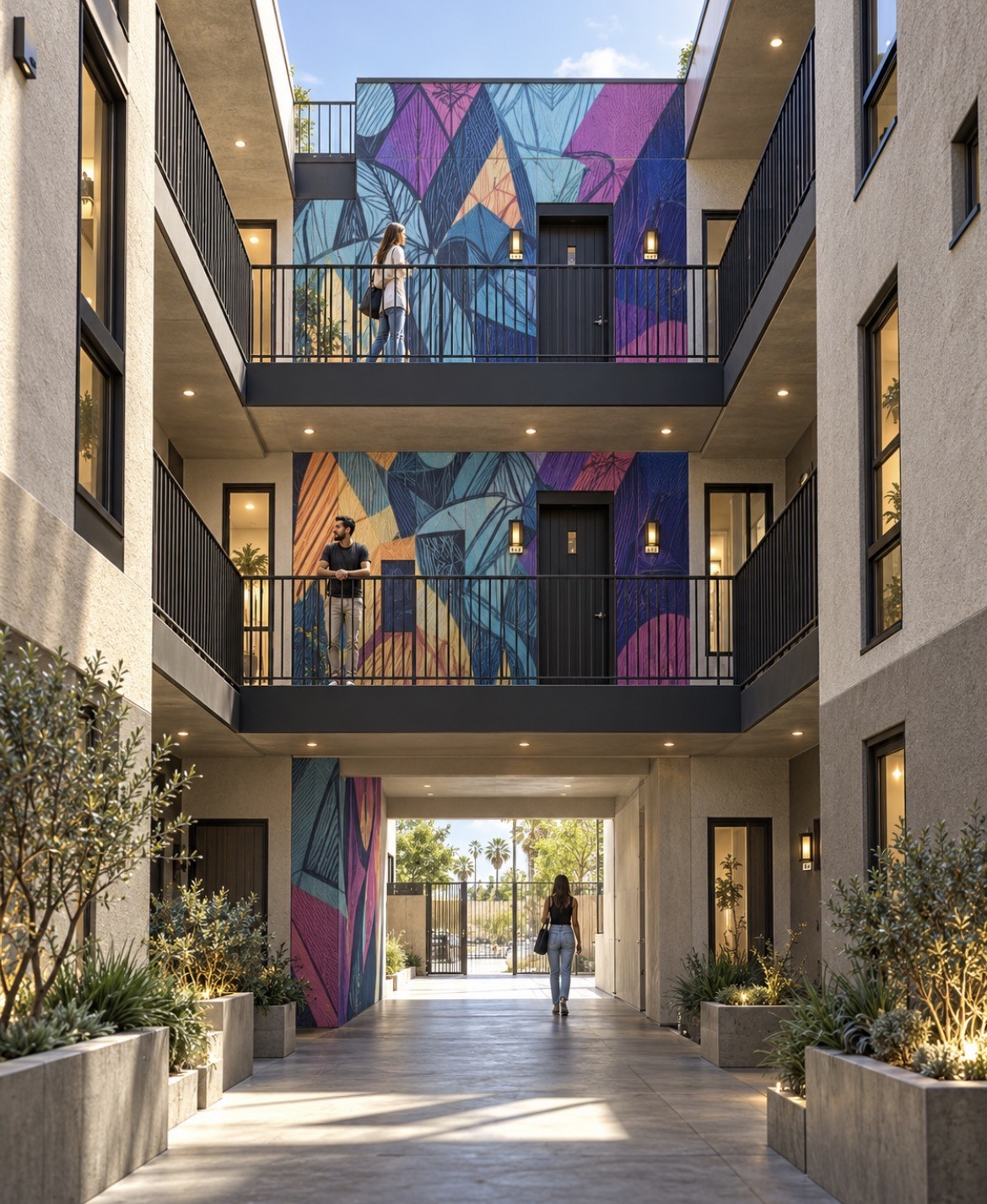 3418 Ray Street courtyard and mural rendering Rendering of the open-air courtyard at 3418 Ray Street with exterior walkways, mural walls and planters between two residential wings