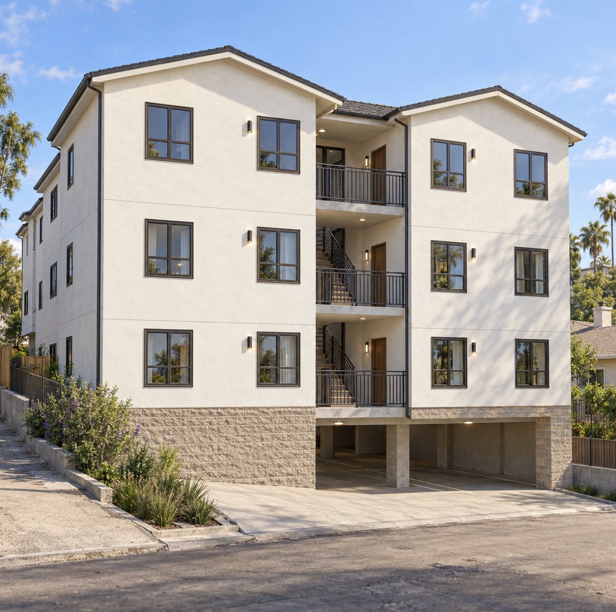 3746 Villa Terrace 11-unit multifamily rendering Rendering of a three-story, 11-unit multifamily building over an open carport at 3746 Villa Terrace in North Park, San Diego