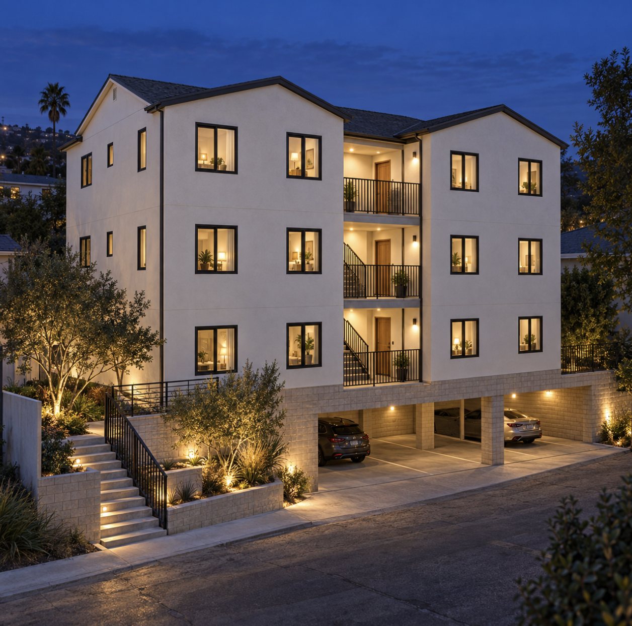 3746 Villa Terrace multifamily dusk rendering Dusk rendering of the three-story North Park multifamily building at 3746 Villa Terrace with lit stairs and lower-level carport