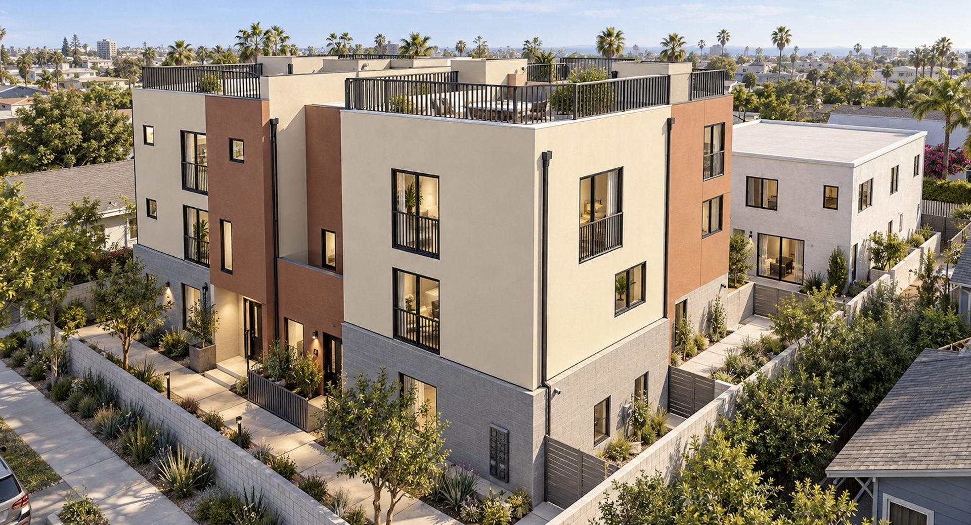 4018 Riviera Drive seven-unit aerial rendering Aerial rendering of the 4018 Riviera Drive seven-unit redevelopment in Pacific Beach showing two three-story duplexes with rooftop terraces and the retained rear building