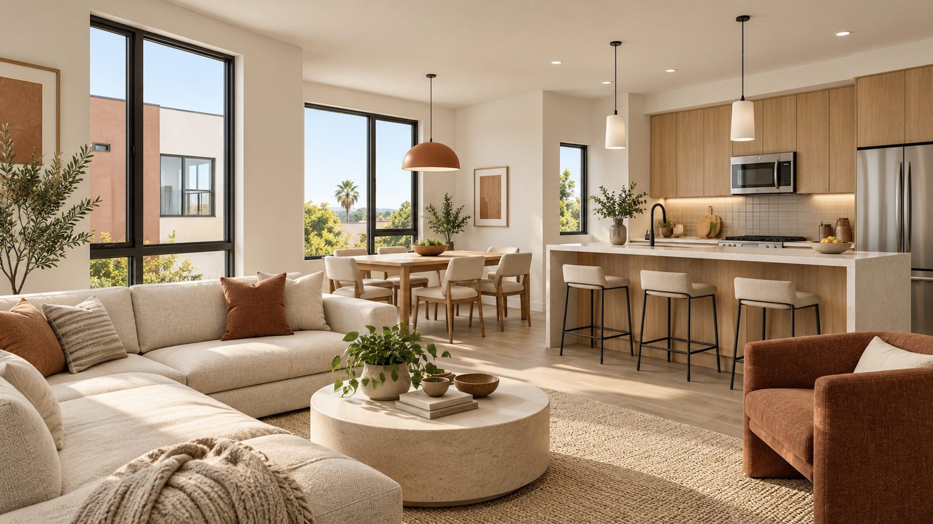 4018 Riviera Drive interior living rendering Interior rendering of an open-plan living room and kitchen in a new Pacific Beach duplex unit at 4018 Riviera Drive