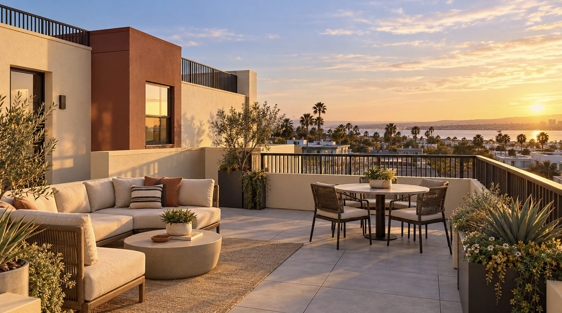 4018 Riviera Drive rooftop terrace rendering Rendering of a private rooftop terrace at 4018 Riviera Drive with lounge seating, dining table and sunset views over Pacific Beach and Mission Bay