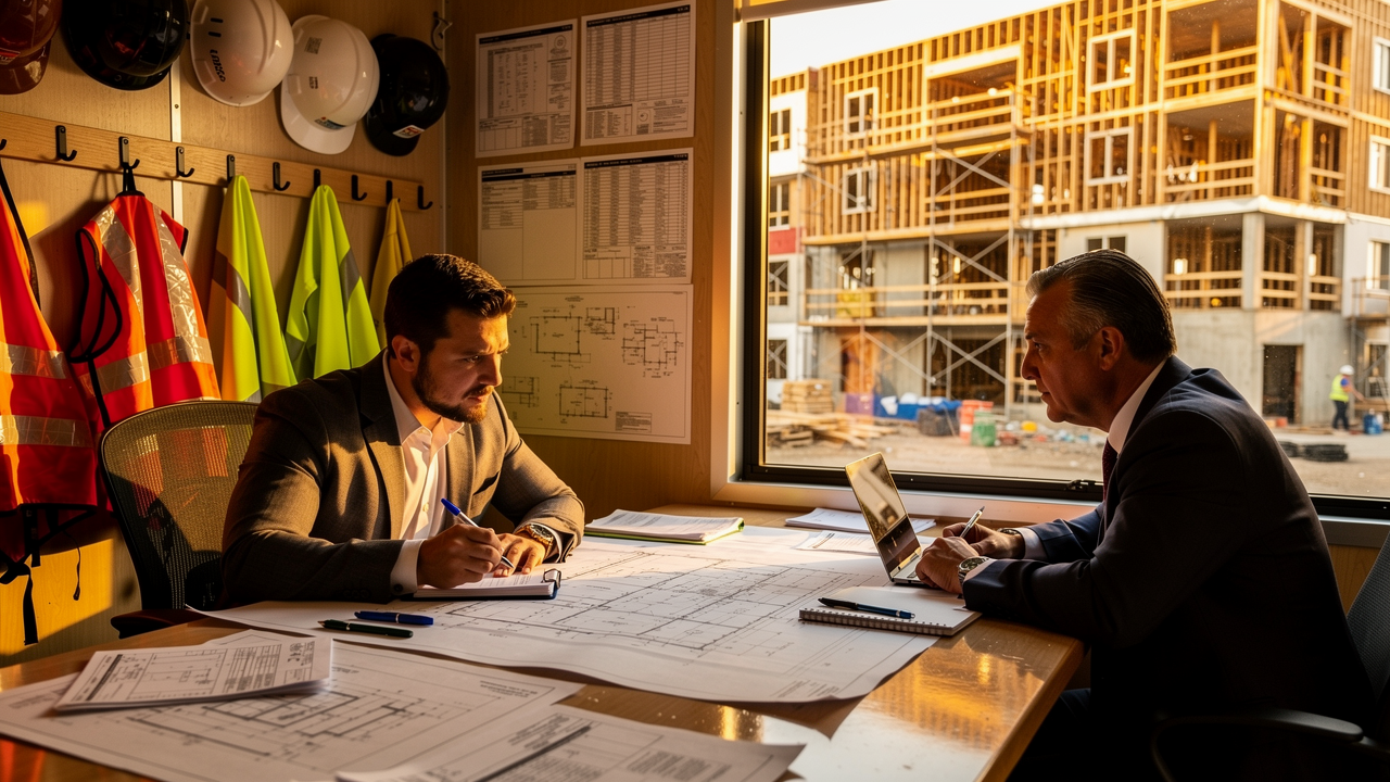 Developer reviewing GC bids and construction contracts for multifamily project