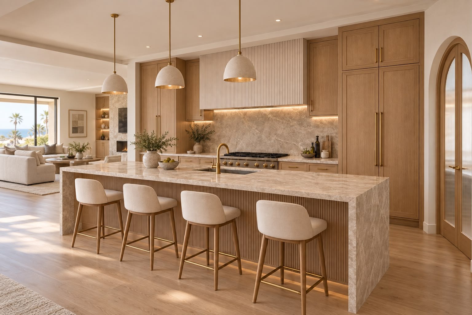 La Jolla Coastal Remodel kitchen and great room concept Conceptual interior rendering of the kitchen and great room for the La Jolla Coastal Remodel