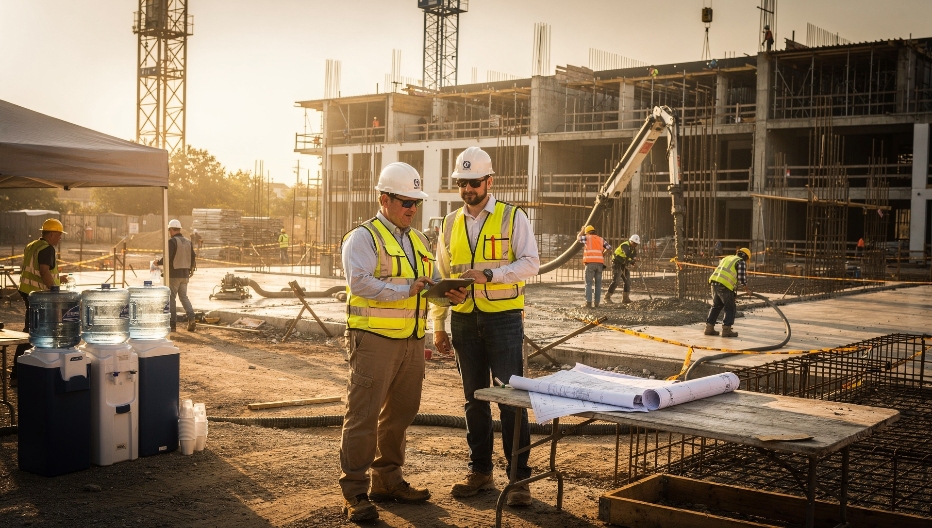 Construction team managing an early-morning concrete pour on an Austin multifamily heat-safety schedule