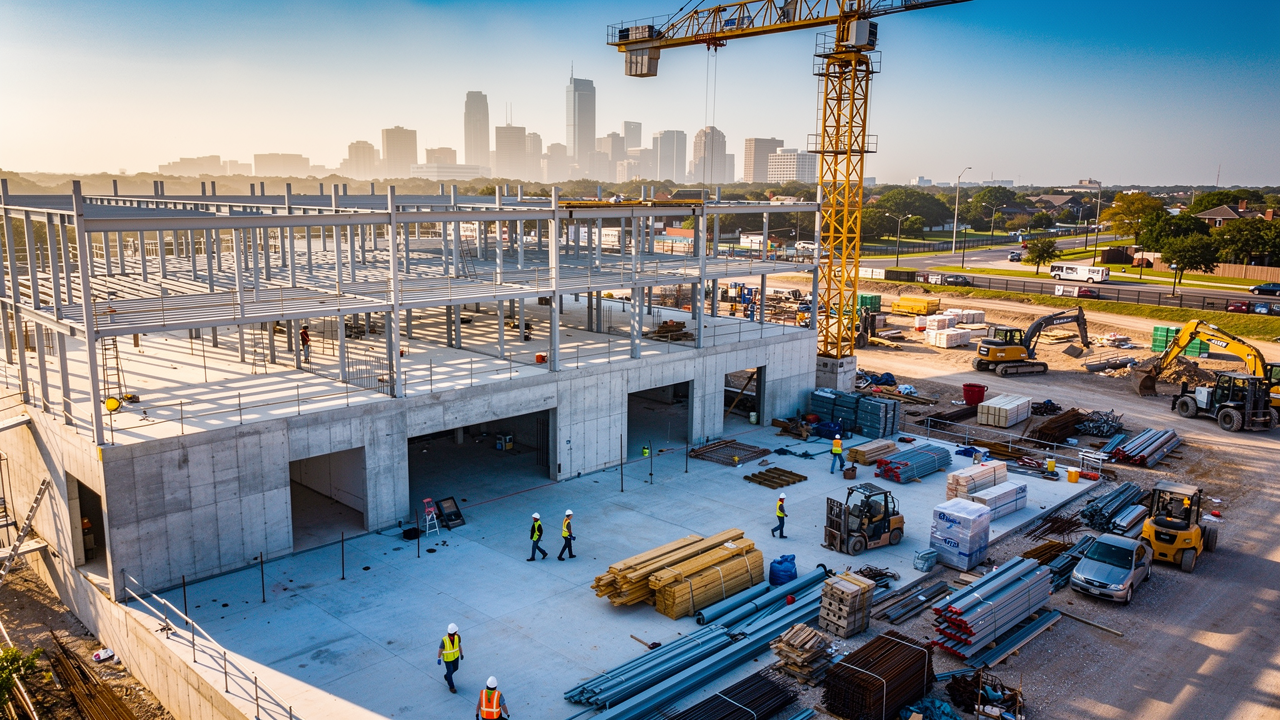 Aerial view of Austin multifamily construction site with tower crane and city skyline