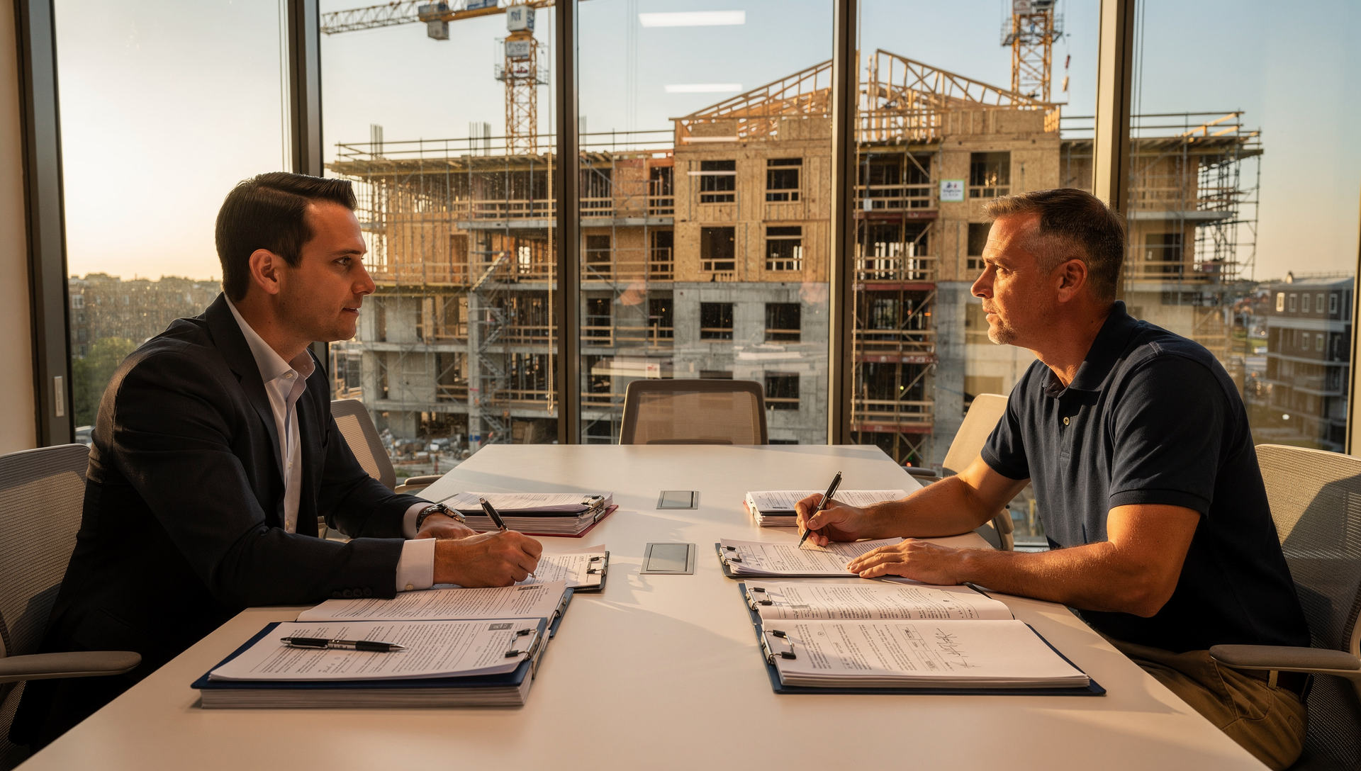 Developer and GC reviewing a GMP contract for ground-up multifamily construction