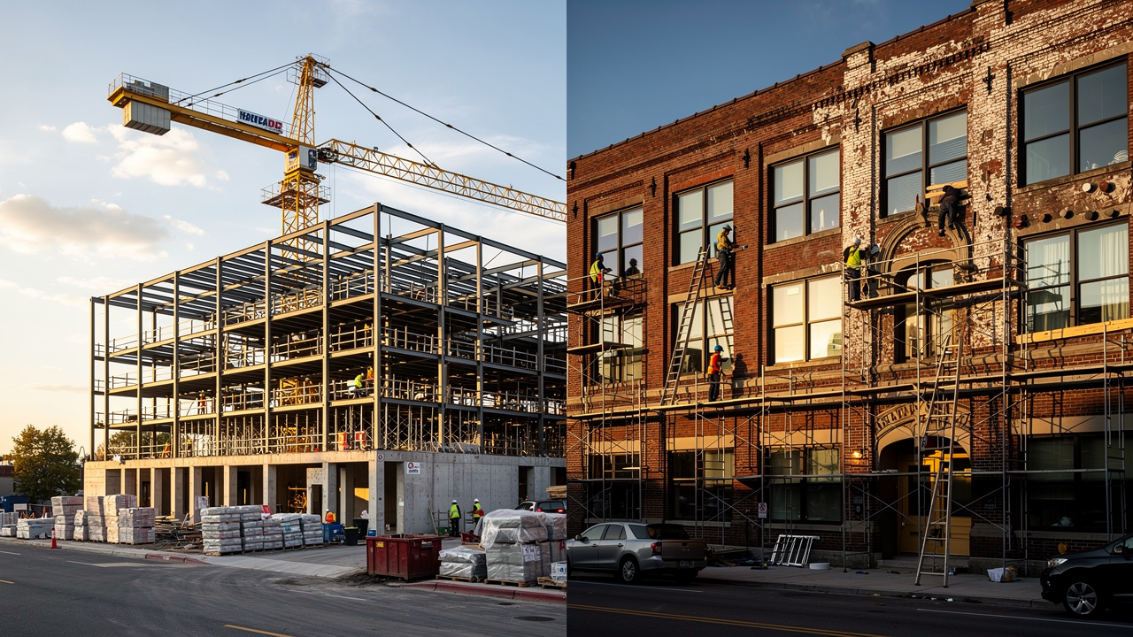 Ground-up multifamily framing on left and adaptive reuse building conversion on right with workers and scaffolding
