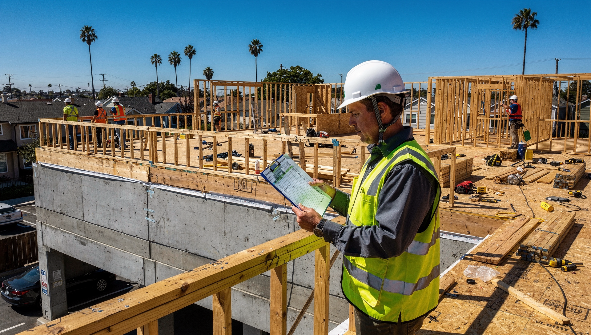 Construction project manager reviewing timeline on a San Diego multifamily building under construction