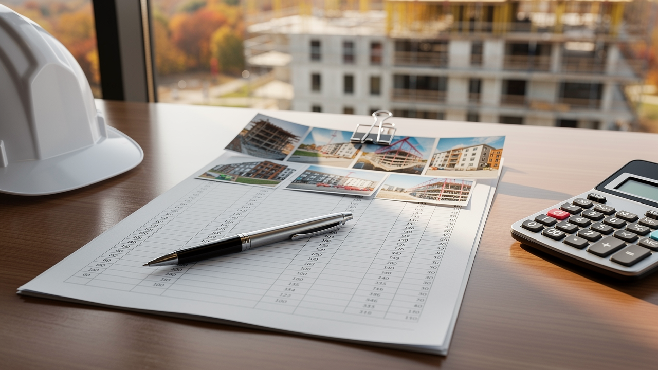 Construction draw schedule document with progress photos and multifamily project notes
