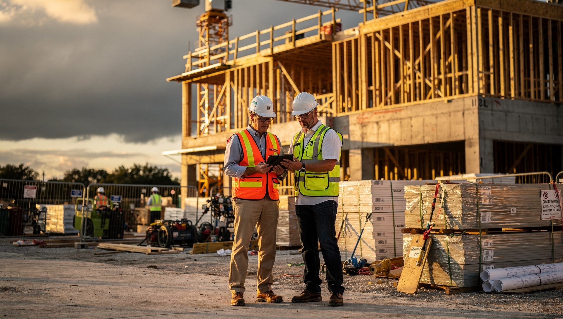 Site superintendent reviewing storm-prep schedule at a Tampa multifamily construction project