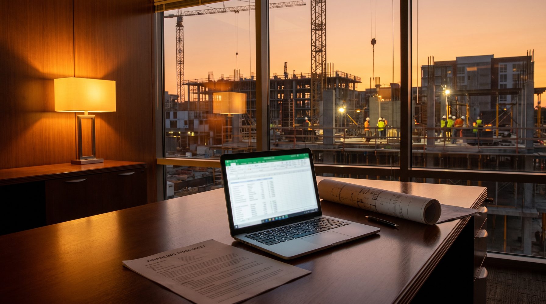 Construction financing term sheet and financial model on a desk overlooking a multifamily job site