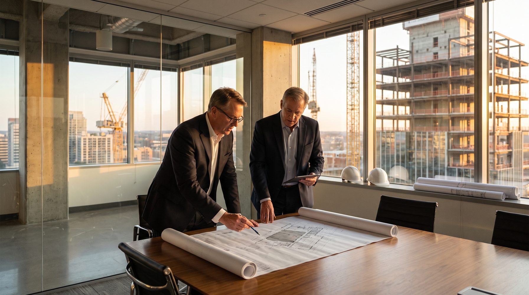 Two executives reviewing a multifamily site plan in a conference room overlooking the city