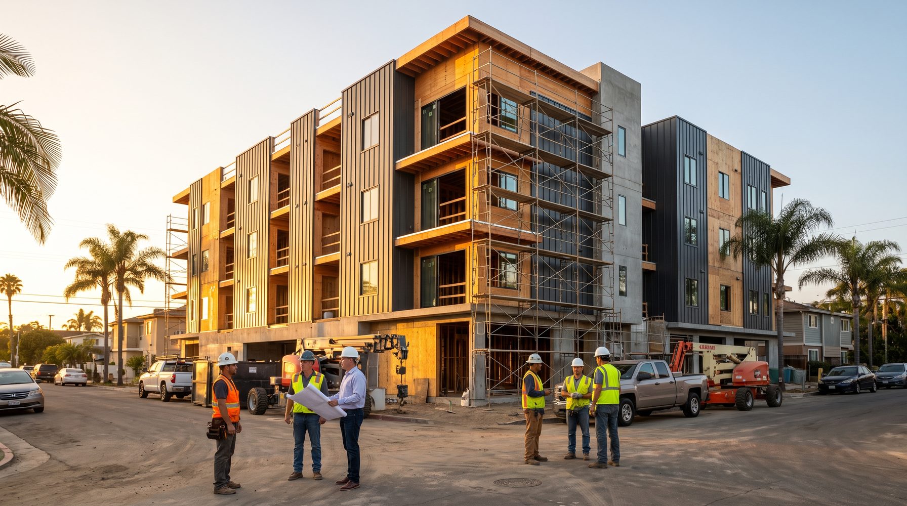 Completed four-story multifamily apartment building in San Diego at golden hour