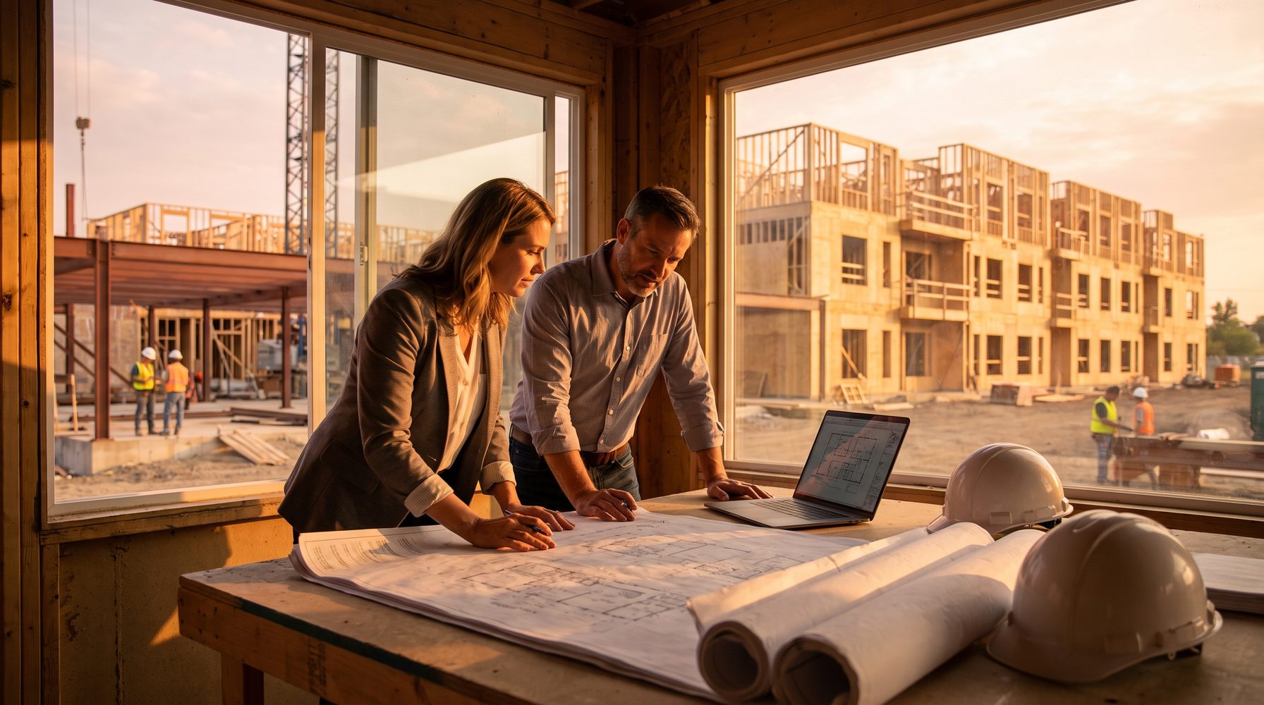 Two construction professionals reviewing multifamily construction drawings in a site trailer