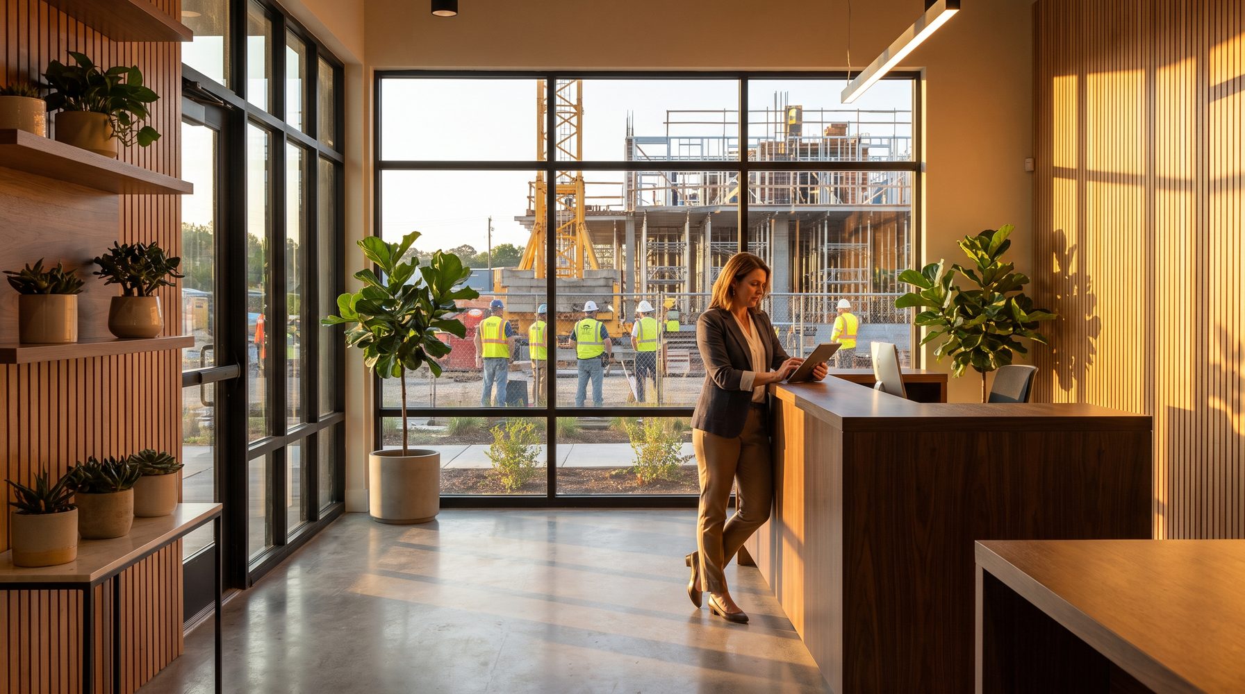 Modern apartment community leasing office interior in San Diego with warm natural light