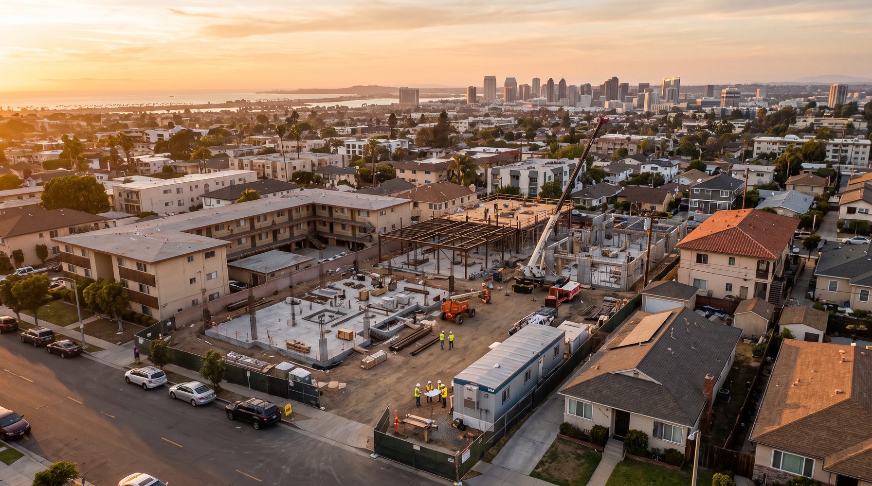 Aerial view of an urban infill multifamily development site in San Diego at sunset