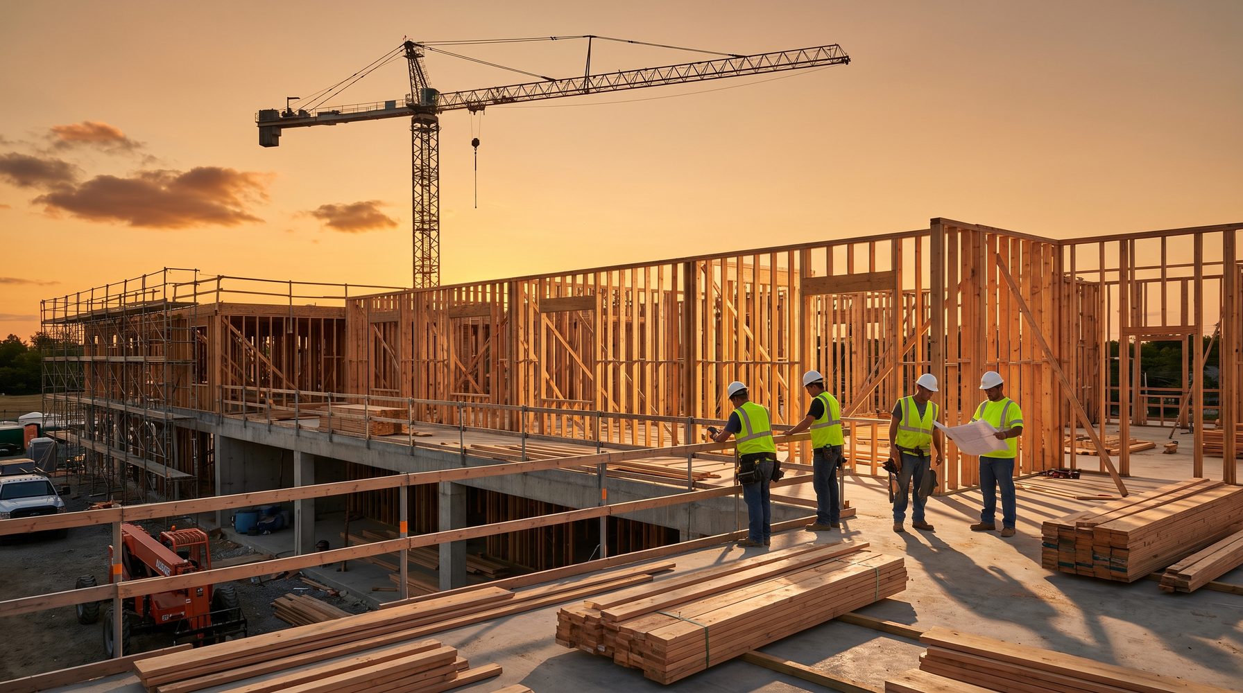 Active wood-frame podium multifamily construction site with tower crane at golden hour