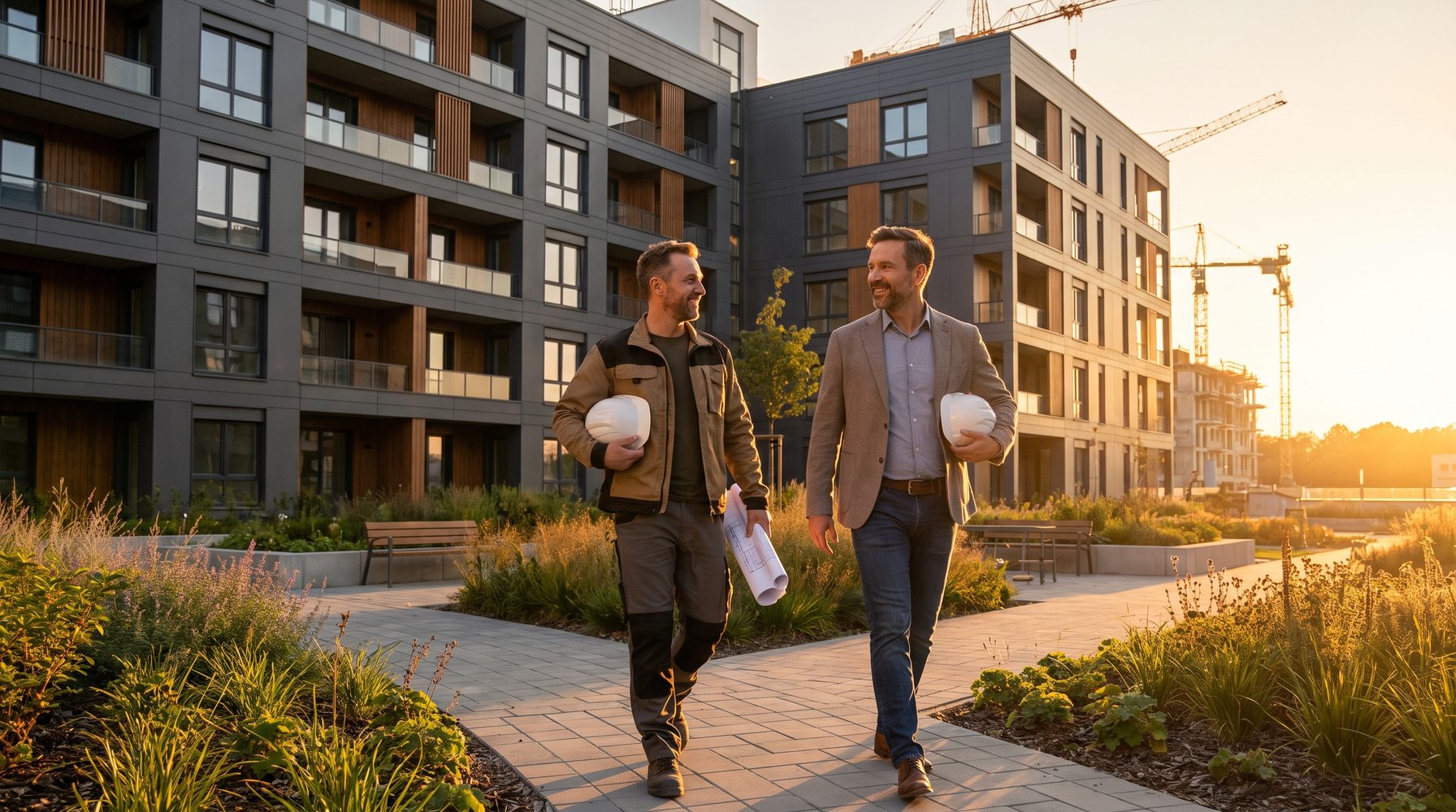 General contractor and developer walking the courtyard of a completed multifamily community