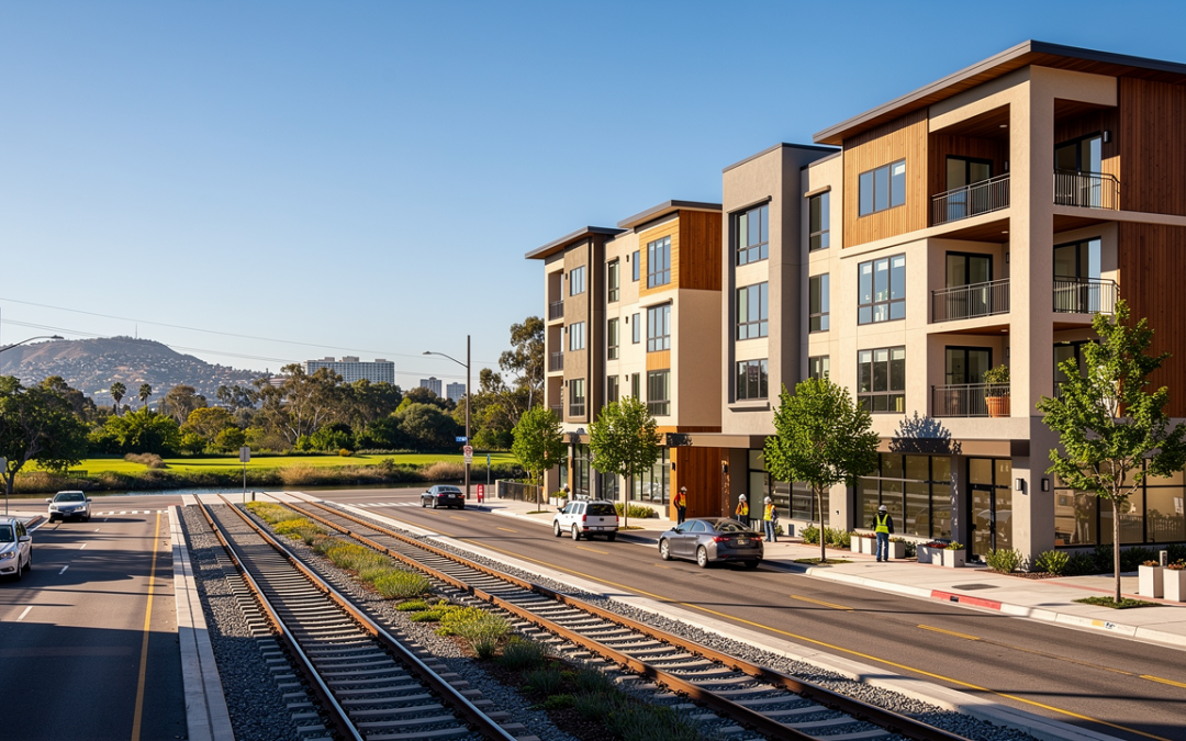 Multifamily apartment construction along Mission Valley transit corridor in San Diego
