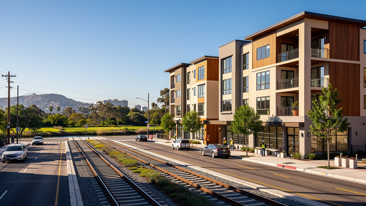 Multifamily apartment construction along Mission Valley transit corridor in San Diego