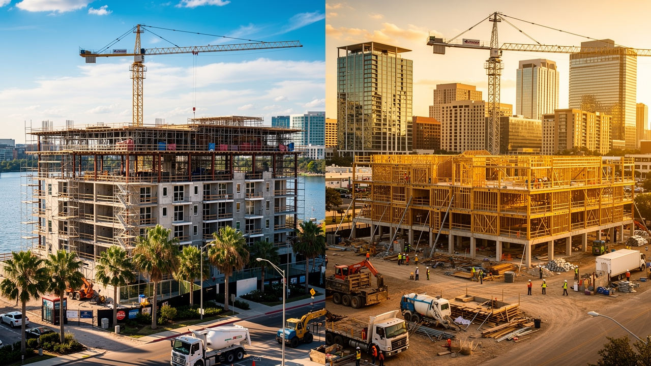 Tampa and Austin multifamily construction sites side by side with cranes and framing visible