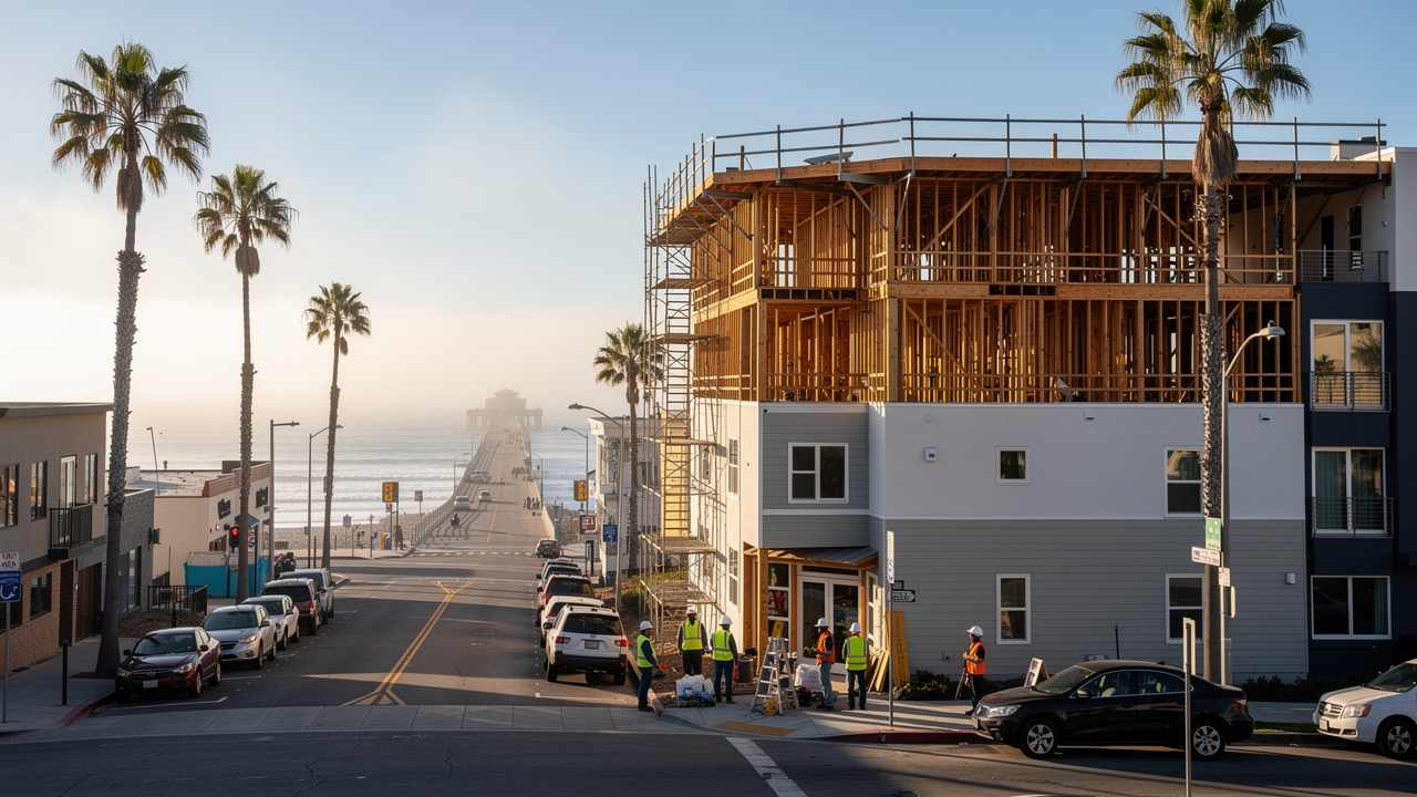 Coastal multifamily apartment construction in downtown Oceanside near the Oceanside Pier