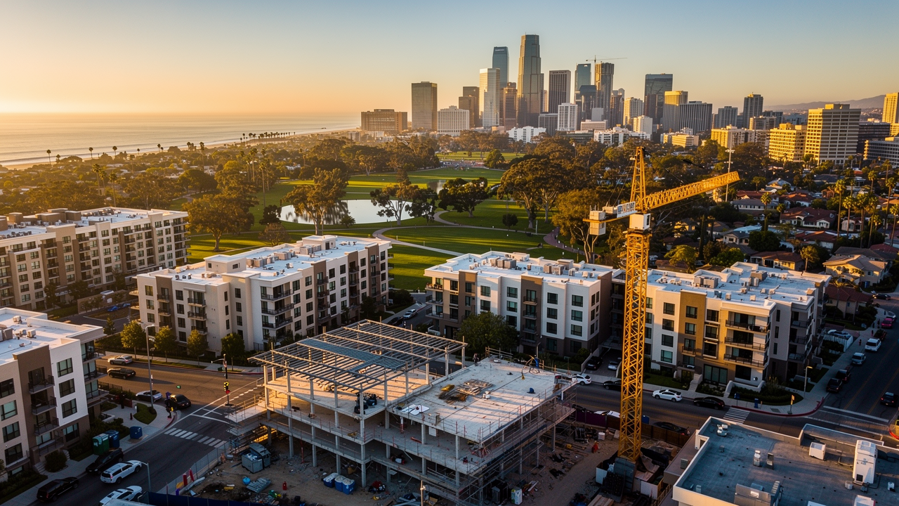 Aerial view of San Diego multifamily construction activity with coast and completed apartment buildings visible