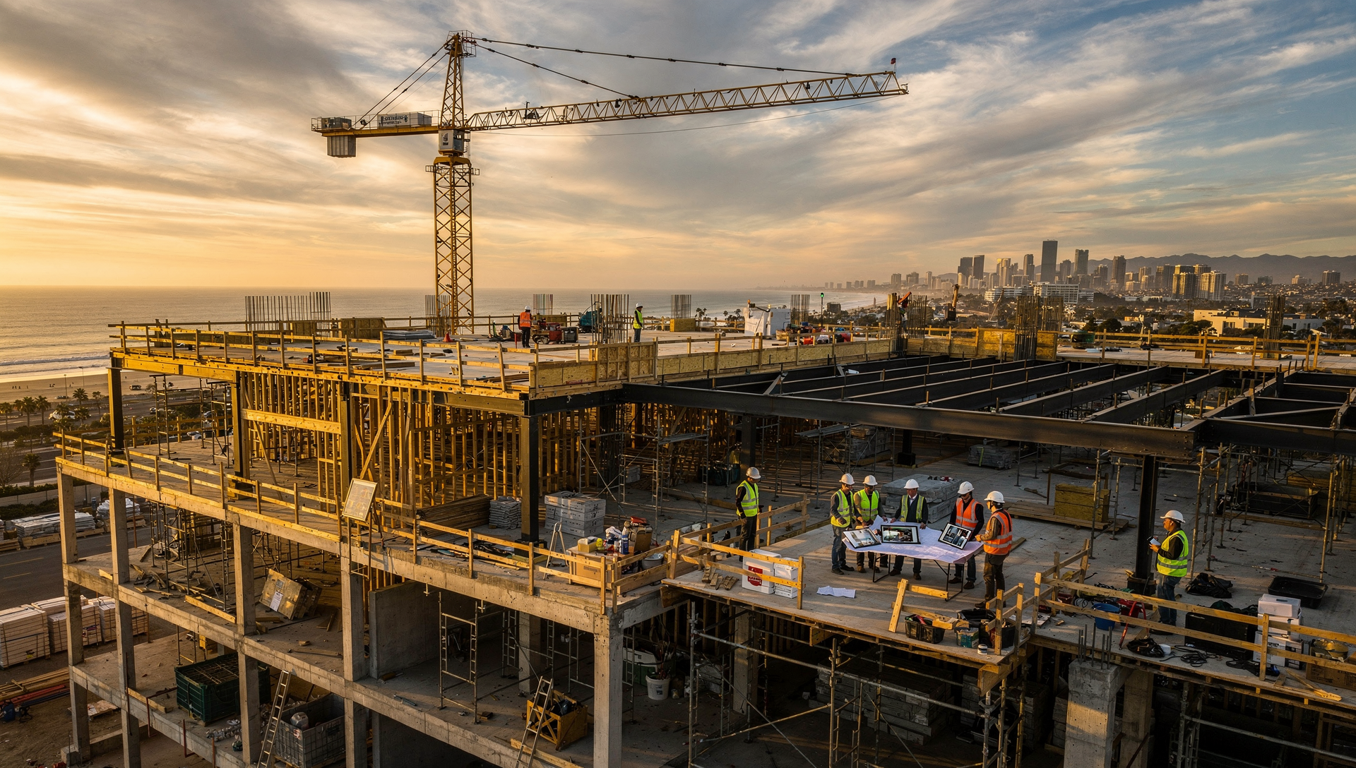 Aerial view of San Diego multifamily construction site during Santa Ana wind season