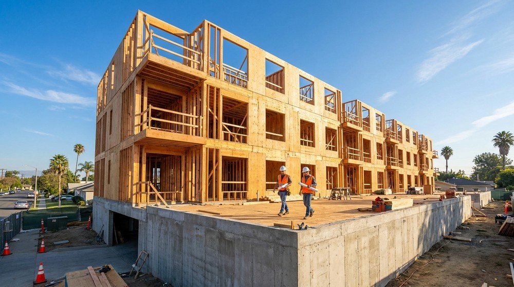 Multifamily apartment building under construction in San Diego showing wood-frame framing and concrete podium level