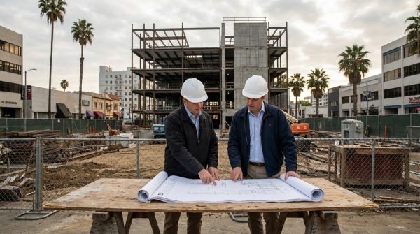 Multifamily GC and developer reviewing preconstruction blueprints on a ground-up apartment development site