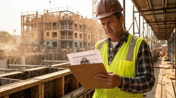 Multifamily contractor reviewing change order documentation at an apartment construction site