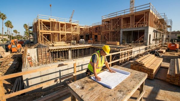 Wood-frame podium apartment building under construction showing concrete base level and wood-frame residential floors above in San Diego